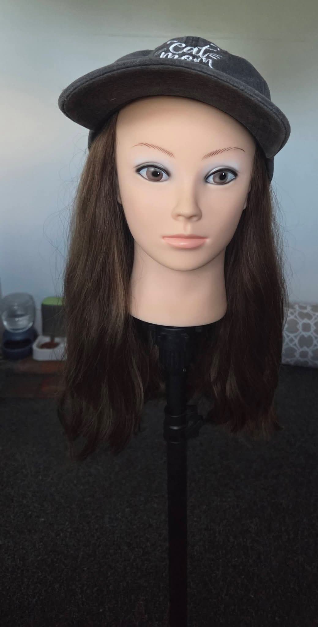 Irenes Wigs NY Open Top Hat Wig Size Small 16" Long Wavy Human Hair Sunkissed Brunette