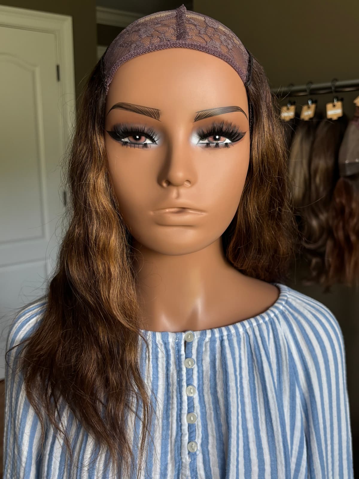 Free Shipping / Brand New / In Vogue Danity Human Hair Hat Wig 14 inch Size Large Warm Brunette Caramel / Measures 18 inches at tip